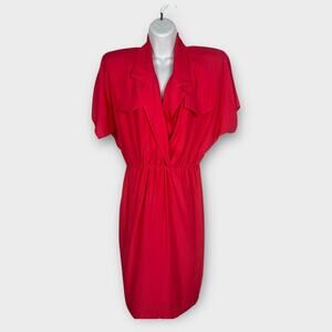 Vintage 80s Pink Red Secretary Career Office Shirt Dress Knee Length 10 Medium